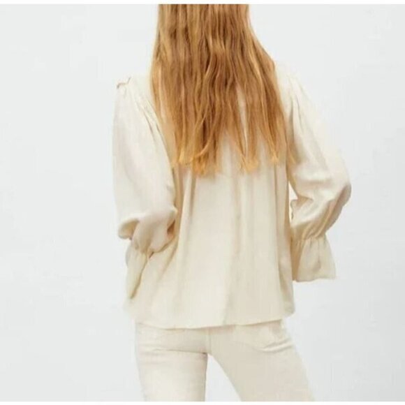 Zara Top Womens L Faux Pearl Trim Ruffle V Neck Ivory Prairie Cottagecore Boho - Picture 5 of 9